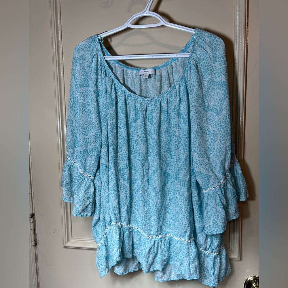Fever Boho/Peasant Blouse Blue Off Shoulder Raglan Bell Sleeves Hi-Lo Hem Sz 2X